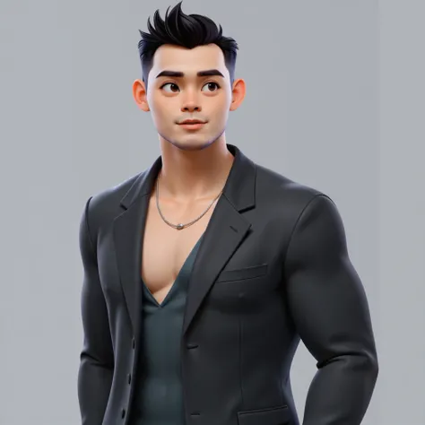 ((high-quality 3D render)), Pixar-style, character render of Jackie3D_flx, a strong and confident man with a defined jawline and neatly styled hair, wearing a sleek black blazer with unique strap details over the shoulder, shirtless underneath the blazer, ...