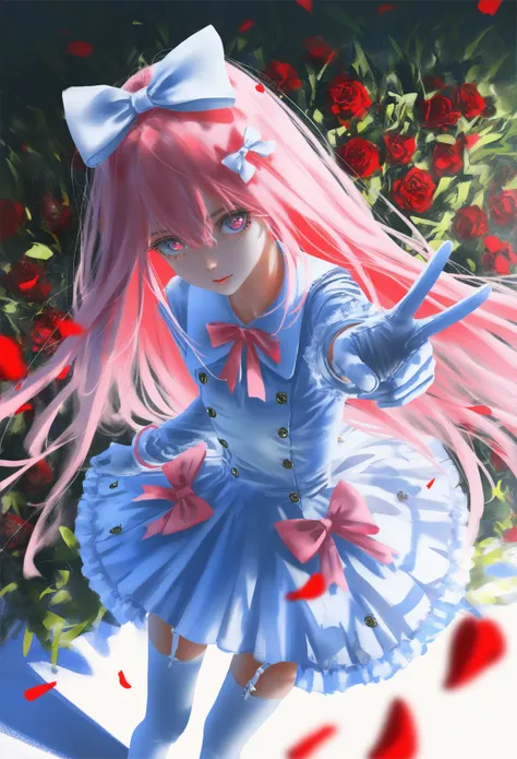 inoitoh, yoneyama mai, wlop, quasarcake, masterpiece, absurdres, aesthetic, best quality, watercolor (medium), 1girl, slender, petite, cute, dynamic angle, from above, v, foreshortening, solo, bow, long hair, thighhighs, hair bow, pink hair, flower, rose, ...