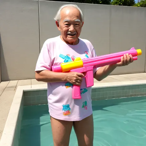 masterpiece, best quality, old man, 66years, pink Water gun, toy, shirt, legs, pool