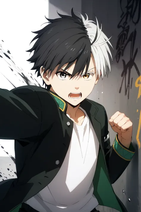 score_9, score_8_up, score_7_up, score_6_up, masterpiece, best quality, ,source_anime, Expressiveh, absurdres, 
//Fashion,  open shirt, white shirt, black jacket,
//Background, school background, graffiti on wall, wall with paint splash,
//Others, 1boy, ma...