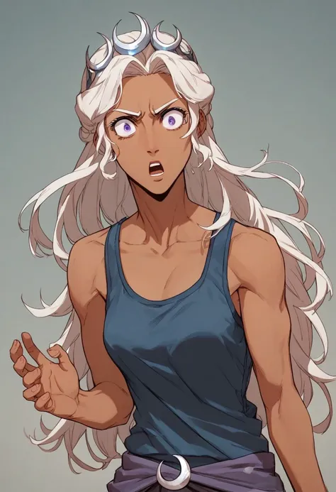 score_9,score_8_up,score_7_up,score_6_up,source anime BREAK, 1girl, Artemis, dark-skinned female, white hair, long hair, purple eyes, singlet, looking at viewer, dynamic pose, shocked expression