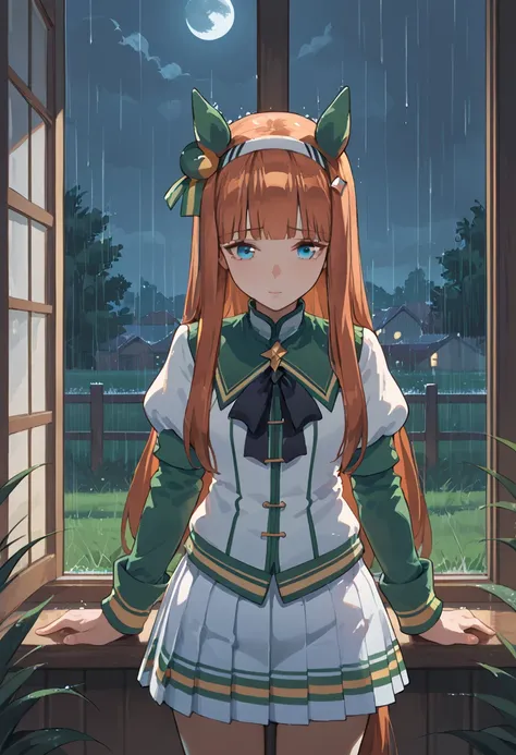 <lora:suzuka_1.9.1:1>,UMASS,horse ears,ear covers,blunt bangs,long hair,orange hair,hair ornament,hairband,blue eyes,horse tail,R4CE,white pleated skirt,sad,looking at window,rain,night,grass,in room, score_9, score_8_up, score_7_up,source_anime