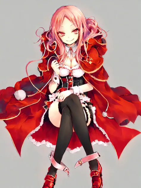 <lora:Charlotte_Baskerville_Lottie:1>, lottiebaskerville, 1girl, pink hair, solo, thighhighs, cuffs, black thighhighs,  cape, long hair, crossed legs, breasts, cleavage, smirk