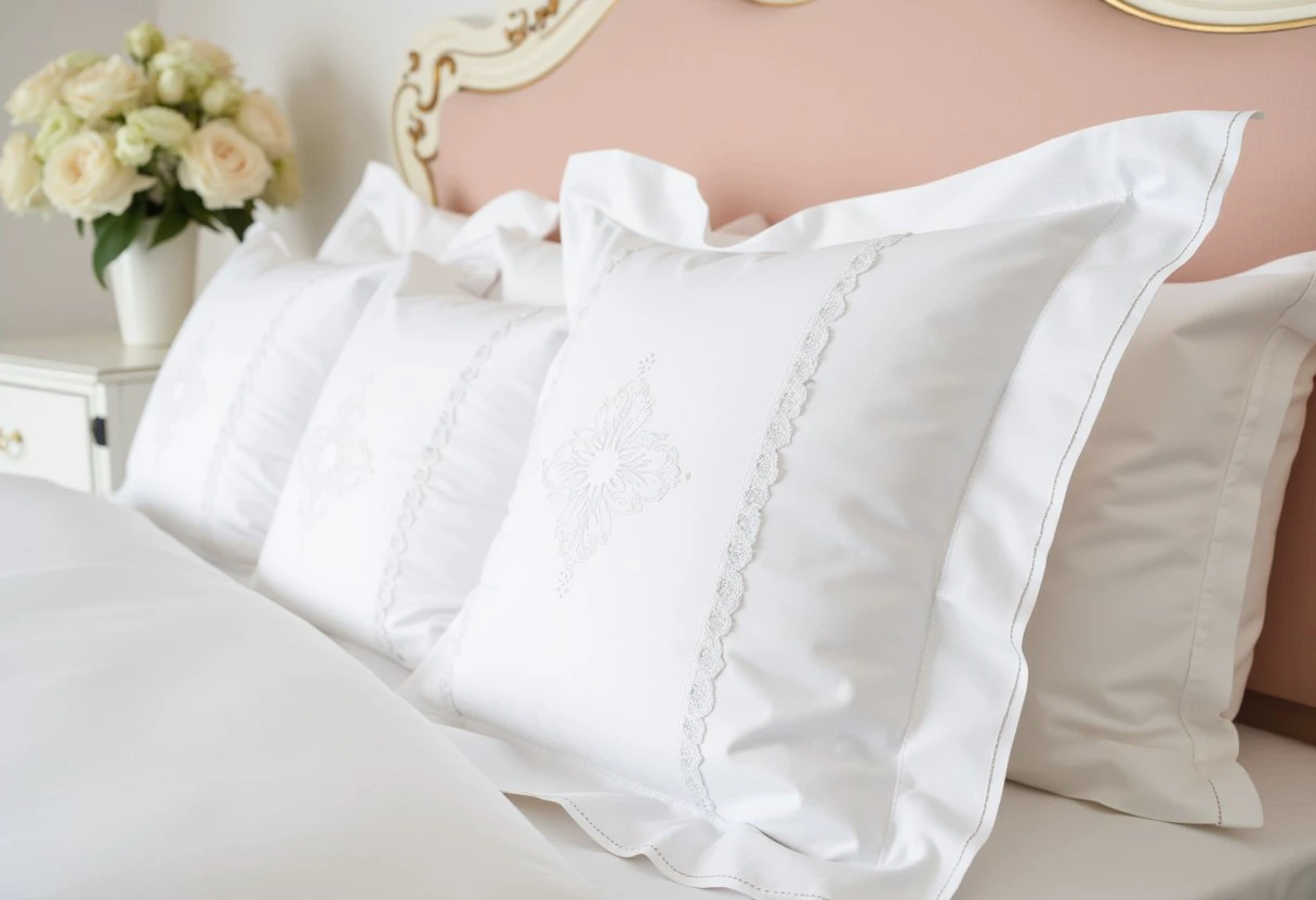 This photograph captures a feminine beautifully styled, elegantly decorated bedroom. The scene features a neatly made bed dressed in pristine white linens, including a duvet cover, and several european pillows, all adorned with delicate, intricate lace tri...