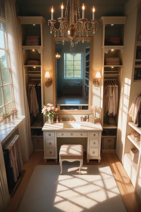 arafed view of a dressing room with a vanity and a mirror