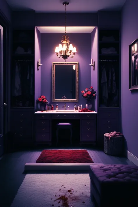 purple bathroom with a vanity and a mirror and a red rug