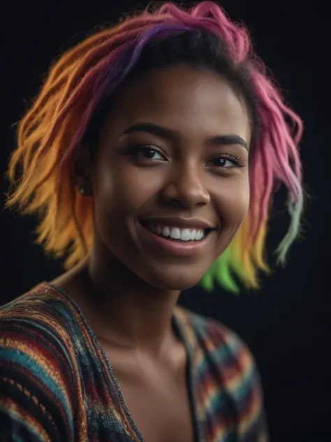 portrait, masterpiece, 4k, ray tracing, intricate details, highly detailed,
20yo African woman, laughing, rainbow colored hair, black background
cinematic light, dramatic light, shallow depth of field, vignette, highly detailed, high budget, bokeh, cinemas...