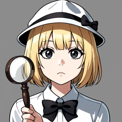 solo, detective, blonde hair, 1girl, gothic, black bowtie, white shirt, bob cut, magnifying glass, hunting cap