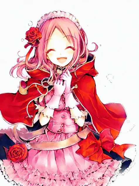 <lora:Charlotte_Baskerville_Lottie:1>, lottiebaskerville, 1girl, solo, pink hair, gloves, closed eyes, flower, smile, rose, open mouth, cape