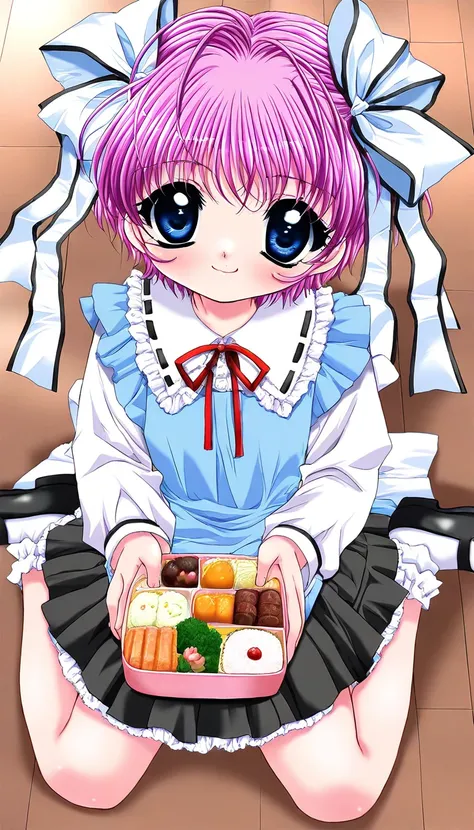 masterpiece, best quality, good quality, <lora:Kago_Noa_IS:1>KagoNoa, pink hair, purple hair, blue eyes, hair ribbon, white ribbon, short hair, short stack,
bento, food, ribbon, sitting, wariza, food art, long sleeves, smile, socks
smile,looking at viewer,...