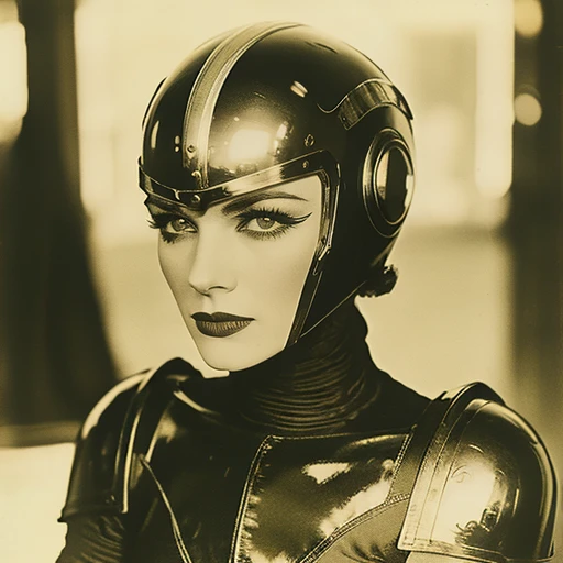 ArsMovieStill, movie still from a 1910s retro future  movie, The image shows a woman in a black and white photo wearing a helmet and gloves with a blurred background., 1girl, monochrome, solo, helmet, looking at viewer, blurry background, makeup, closed mo...