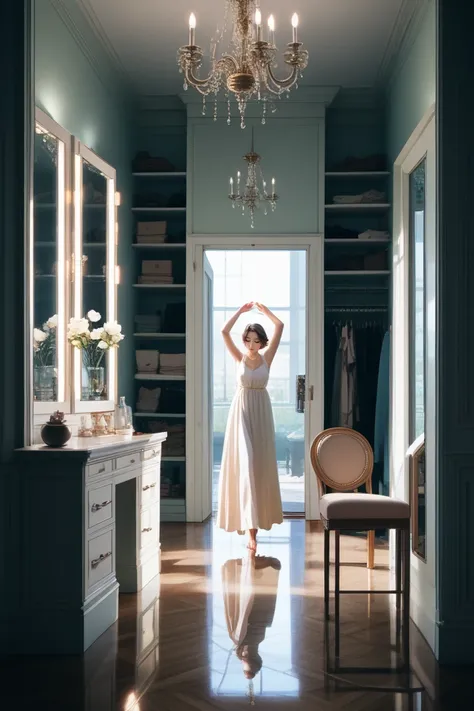 arafed woman in a white dress standing in a room with a chandelier