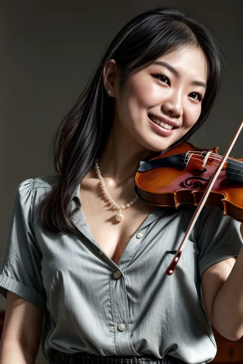 photorealistic, Asian woman, KM_kamala, closeup, (shirt), pants, (playing the violin), pearl necklace , smiling , wide shoulders, perfect face, (contact iris: 1.1), pale skin, skin pores , depth of field, Dramatic, canon50, 8k