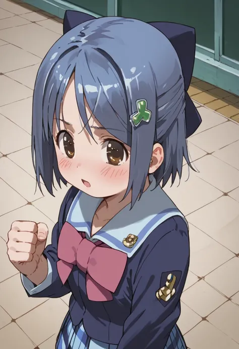 <lora:MIKAN_1.3:1>,MIK4N,short hair,blue hair,hairclip,hair bow,brown eyes,school uniform,blush,raised hand,from above,clenched hand, score_9, score_8_up, score_7_up,source_anime