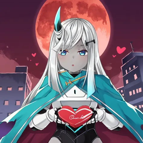 score_9
1girl
gu1ll0t1n3_ms, gray skin, blue eyes, silver hair, horn, long hair, sidelocks, hairclip, white breastplate, black bodysuit, metalic white boots, white gauntlet, blueish cape
front facing, pov, holding gift, hearts, love
red moon, red sky, tall...