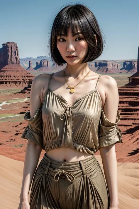 Asian woman, KM_katie, closeup, (shirt), pants, (Monument Valley), gold necklace , (), wide shoulders, perfect face, (contact iris: 1.1), pale skin, skin pores , depth of field, Dramatic, canon50, 8k