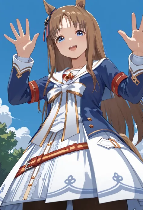 <lora:Grass_Wonder_v1.5_Cibitai:1>,umagw, horse ears, horse tail, blue eyes, hair bow, long hair, brown hair,r4ce,dress, sailor collar, blue jacket, open jacket, long sleeves, armband, pantyhose, white skirt,belt,from below, dutch angle,looking at viewer, ...