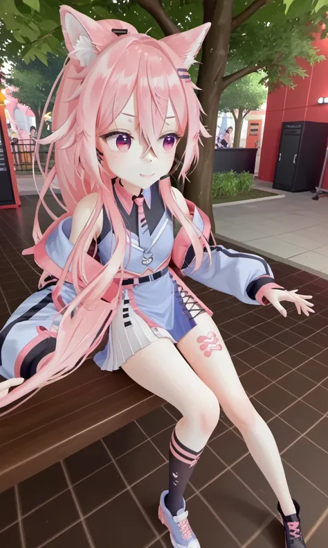 full body, sit, bench, park, Ayyuri3d, 1girl, vtuber, pink hair, very long hair, ponytail, hair between eyes, hairclip, purple eyes, animal ears, animal ear fluff, headset, piano_necktie, sleeveless minidress, long sleeve vest, pleated skirt, single thighh...