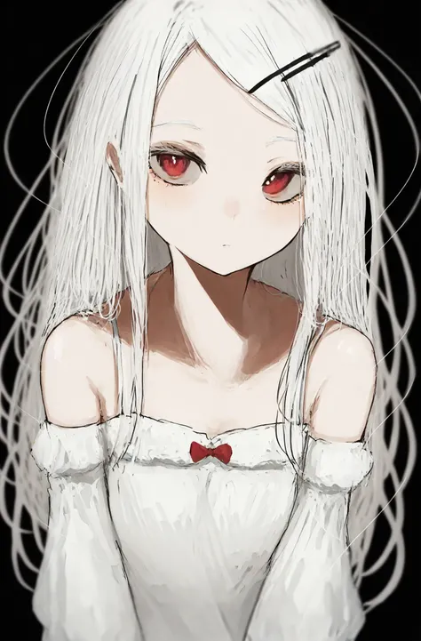 masterpiece, best quality, illustration, pikuson, 1girl, solo, red eyes, white hair, long hair, bare shoulders, hair ornament, black background, looking at viewer, dress