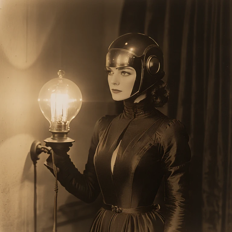 ArsMovieStill, movie still from a 1910s retro future  movie, The image shows a woman wearing a black dress and a helmet standing in front of a lamp with a wall in the background., 1girl, solo, monochrome, helmet, sepia, lamppost, coat, long sleeves, upper ...