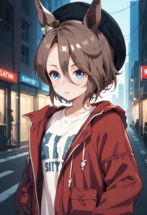 <lora:Narita_Taishin_v1.0_Cibitai:1>,UMANT,horse ears,horse tail,blue eyes,ear ornament,short hair,brown hair,hair between eyes,CASUA7,beret,red jacket,hood,shirt,denim,city, score_9, score_8_up, score_7_up,source_anime, cinematic lighting,shadow,chromatic...