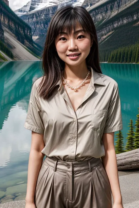 photorealistic, Asian woman, KM_martha, closeup, (shirt), pants, (Lake Louise, Canada), pearl necklace , smiling , wide shoulders, perfect face, (contact iris: 1.1), pale skin, skin pores , depth of field, Dramatic, canon50, 8k