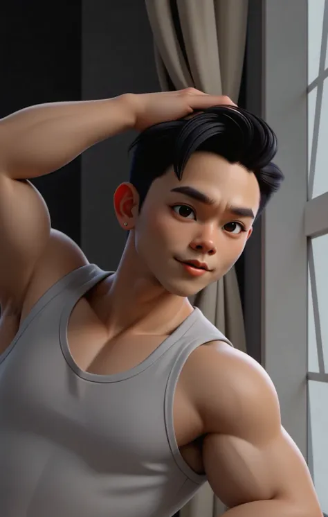 Travis3D_flx, a 3D Pixar-style character, is relaxing indoors, leaning against a soft backdrop of curtains while posing near a window. He is wearing a white tank top that highlights his toned physique. His expression is calm and confident, with a hint of a...