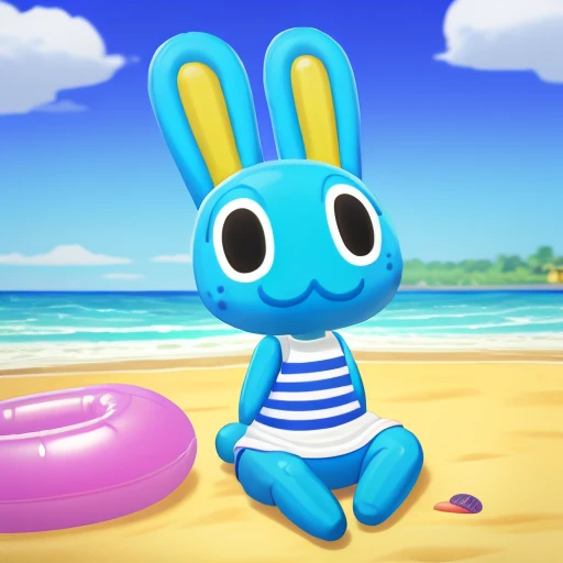 hopkins (animal crossing), rabbit boy, male, sitting, full body, outdoors, beach background, inflatable tube, stripped shirt, sleeveless, cute, bottomless, masterpiece