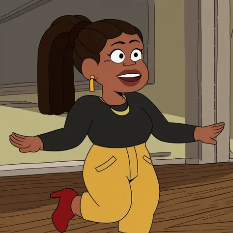 long rectangular earrings, dark brown hair, yellow wide-leg pants, medium breasts, in a living room, expressive eyes, red heeled shoes, Solo, black long-sleeve blouse, 1 girl, black eyebrows, simple gold necklace, brown skin, hair styled in a high ponytail...