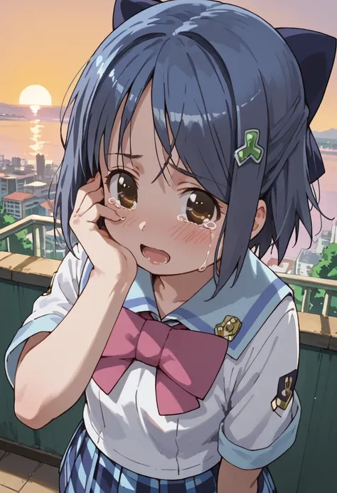 <lora:MIKAN_1.3:1>,MIK4N,short hair,blue hair,hairclip,hair bow,brown eyes,school uniform,blush, crying,open mouth,sunset,from above,hand on own eyes,looking at viewer, score_9, score_8_up, score_7_up,source_anime