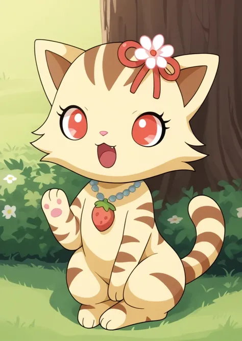 score_9, score_8_up, score_7_up, score_6_up, score_5_up, BREAK
s4ngo, anthro, female, jewelpet, cat, solo, open mouth, hair ornament, red eyes, jewelry, flower, food, hair flower, necklace, no humans, :3, fruit, strawberry, park