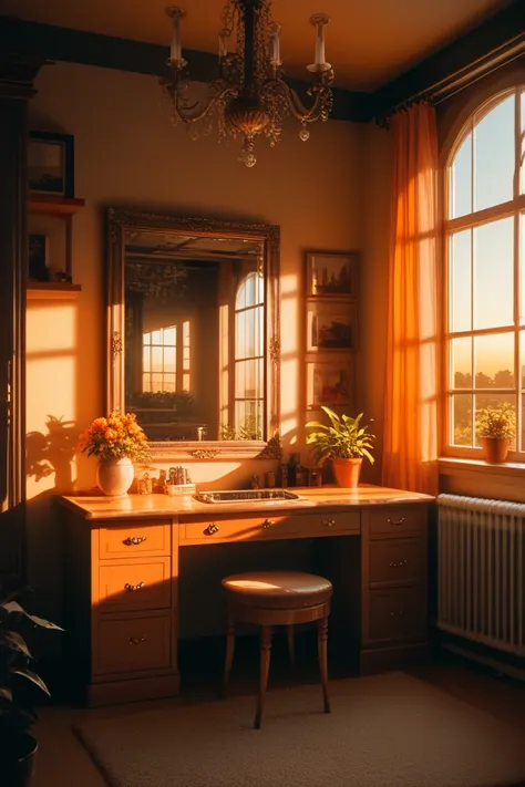 there is a vanity with a mirror and a stool in the room