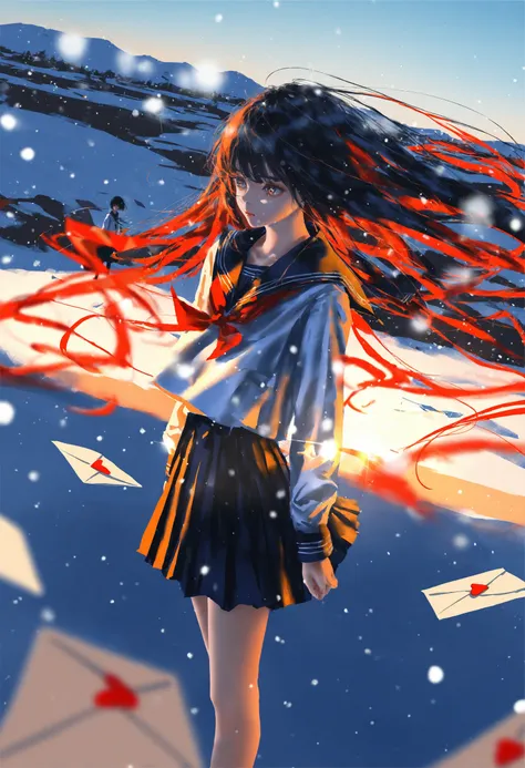 inoitoh, yoneyama mai, wlop, quasarcake, masterpiece, absurdres, aesthetic, best quality, 1girl, arms at sides, serafuku, winter theme, snow, outdoors, sparkle, glint, dynamic angle, contrast, high angle, red hair, black hair, flowing hair, light particles...