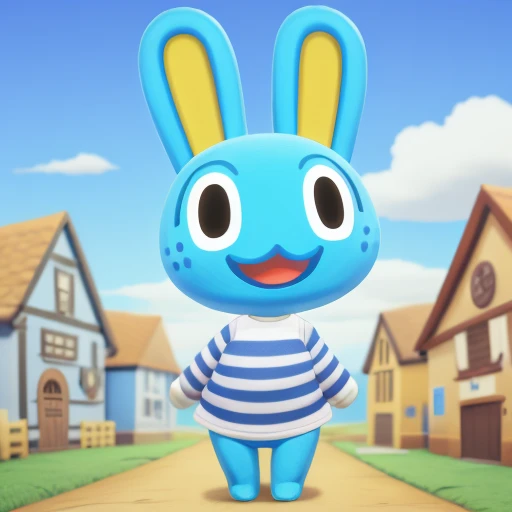 hopkins (animal crossing), rabbit, striped shirt, long sleeves, 1boy, solo, town background, looking at viewer, happy, upper body, full body, :3, open mouth, open smile, masterpiece