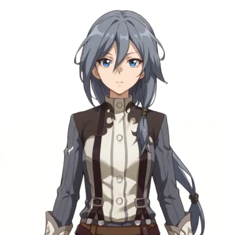 (white background:1.2),looking at viewer,(SOLO:1.4),outline,simple background,upper body, cowboy shot,looking at viewer,
(((arms at side))),  fu hua, fu hua animever, long hair, bangs, blue eyes, hair between eyes, grey hair, blue hair, hair ornament, low-...