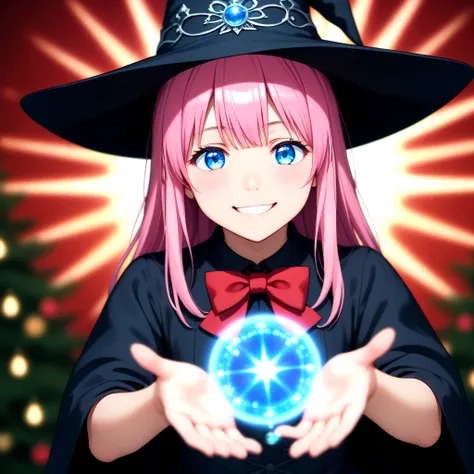 masterpiece, best quality, high quality, highres, a girl in a witches hat and black dress with lights behind her with a starburst, blurry, depth_of_field, facing_viewer, red_sky, smile, solo, bloodborne, a hologram, magical, (flat_color:0.2), (anime_colori...