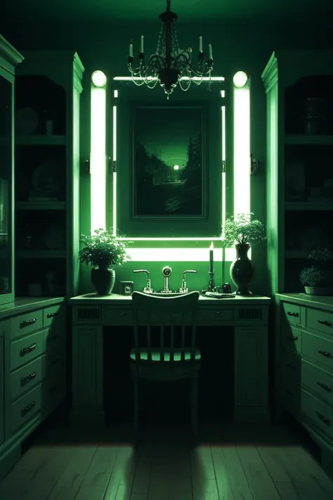 there is a green light shining in a dark bathroom