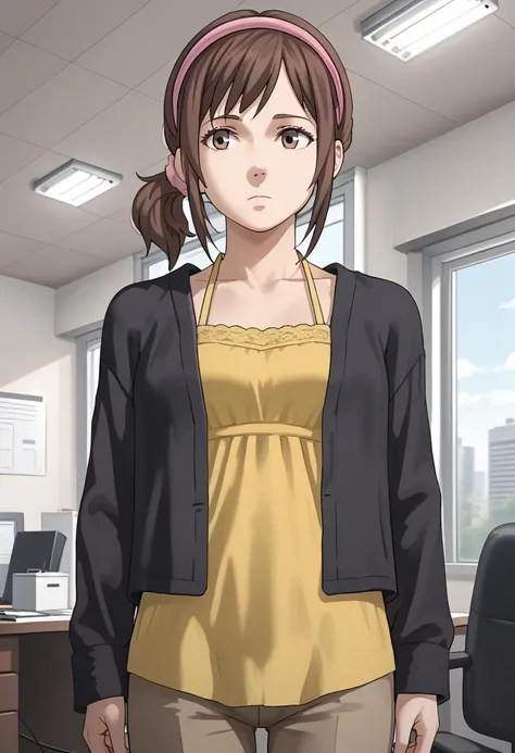 SammyInJ, brown hair, brown eyes, short hair, ponytail, hair scrunchie, pink scrunchie, pink hairband, black cardigan, yellow camisole, grey pants, <lora:Sammy - Time of Eve-000014:1>, standing, expressionless, office, window, desk, office chair, ceiling, ...