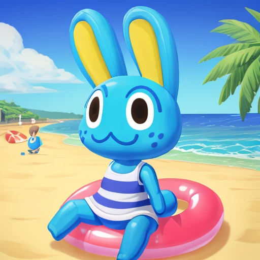 hopkins (animal crossing), rabbit boy, male, sitting, full body, outdoors, beach background, inflatable tube, stripped shirt, sleeveless, cute, masterpiece