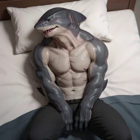 score_9, score_8_up, score_7_up, score_6_up, score_5_up, score_4_up, source_furry, kingsharkf, anthro, male,  shark, grey skin,  solo, 1boy,  lying, in bed, bedroom, hands between legs, topless, bottomless, <lora:d02f2233-06d4-432b-9a7c-34b911ae38d9:0.7>