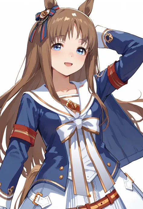 <lora:Grass_Wonder_v1.5_Cibitai:1>,umagw, horse ears, horse tail, blue eyes, hair bow, long hair, brown hair,r4ce,dress, sailor collar, blue jacket, open jacket, long sleeves, armband, pantyhose, white skirt,belt, score_9, score_8_up, score_7_up,source_ani...