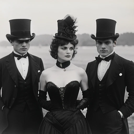 ArsMovieStill, movie still from a 1910s retro future  movie, The image shows a woman in a black dress and top hat standing next to two men wearing top hats. The woman has a human face and the two men are wearing suits., 1girl, monochrome, multiple boys, ha...