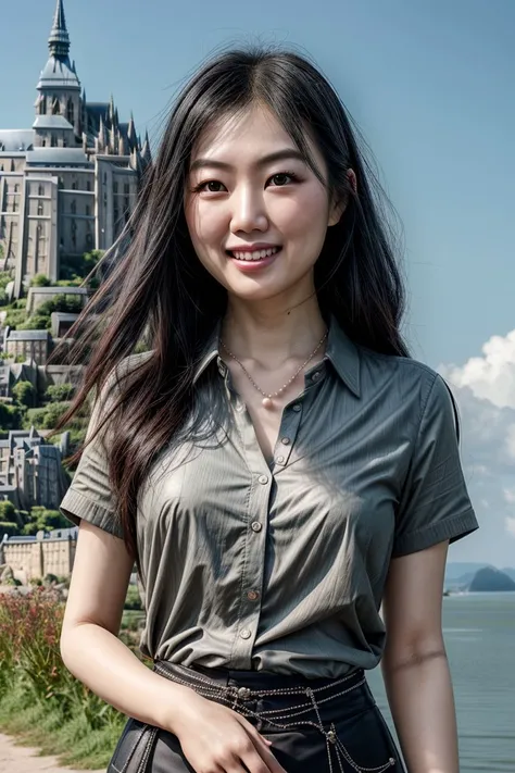 photorealistic, Asian woman, KM_kamala, closeup, (shirt), pants, (Mont Saint-Michel), pearl necklace , smiling , wide shoulders, perfect face, (contact iris: 1.1), pale skin, skin pores , depth of field, Dramatic, canon50, 8k