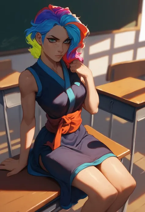 score_9, score_8_up, score_7_up, slvtk, 1girl, multicolored hair, freckles, dress, sash, sitting, classroom, scowl, looking at viewer, vibrant colors, cel shading