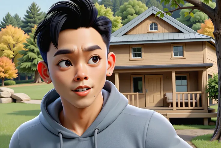 Travis3D_flx, a 3D Pixar-style character, is outdoors, taking a selfie in front of a rustic wooden cabin surrounded by nature. He is wearing a light gray hoodie, giving him a relaxed and casual appearance. The background features a charming rural setting w...