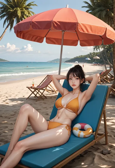 ,ruanyi1120,horizon,swim ring,beach chair,beach umbrella,beach,palm tree,surfboard,campfire,
no humans,<lora:1120 beach_v1_pony:1>, score_9,score_8_up,score_7_up,,8k,1girl,solo,,