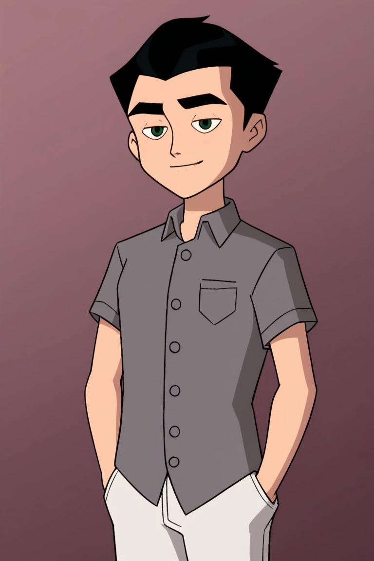 the_grayson, solo,hands in pockets,smile,short hair, shirt, black hair, 1boy, closed mouth, green eyes,  short sleeves, male focus, buttons, expressionless, thick eyebrows, grey shirt,white pants