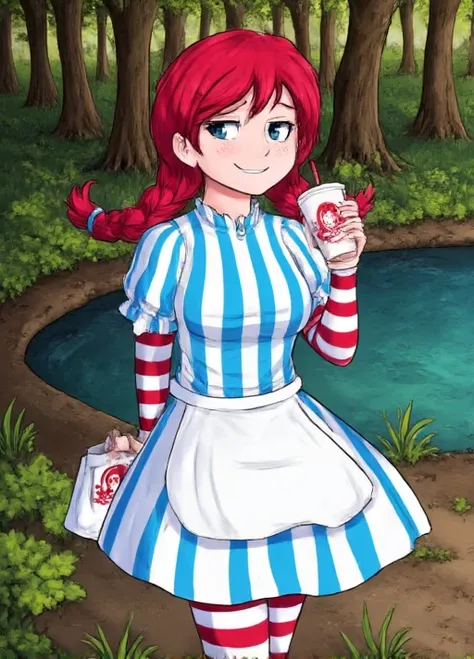 <lora:Wendys_Mascot_Flux:1>, Wendy Thomas dressed in a blue and white vertically striped dress with puffed sleeves. She is holding a cup of what looks like iced coffee in her right hand. The cup is white with a red Wendys logo and has a straw sticking out....