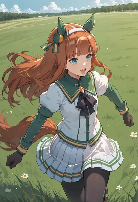 <lora:suzuka_1.9.1:1>,UMASS,horse ears,ear covers,blunt bangs,long hair,orange hair,hair ornament,hairband,blue eyes,horse tail,R4CE,white pleated skirt,grassfield,running,upper body, score_9, score_8_up, score_7_up,source_anime