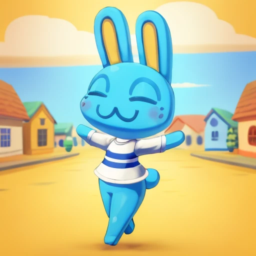 hopkins (animal crossing), rabbit, solo, town background, eyes closed, happy, dancing, full body, :3, ^^